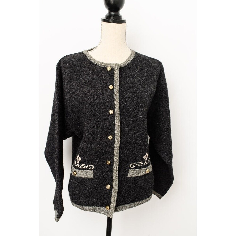 KILKENNY Cardigan M Irish Wool Gold Button Front Long Sleeve Gray Ireland VTG